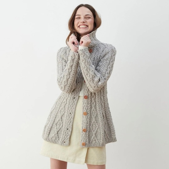Aran Sweater Market Sweaters - Aran Woollen Mills | Flared Cardigan With Diamond Stitch Wool Made in Ireland